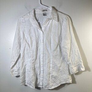 Womens Edward Embroidered Floral Linen Button Shirt White M Linen‎ 3/4 Sleeve